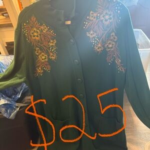 Bob Mackie Green Cardigan with Orange Floral Embroidery